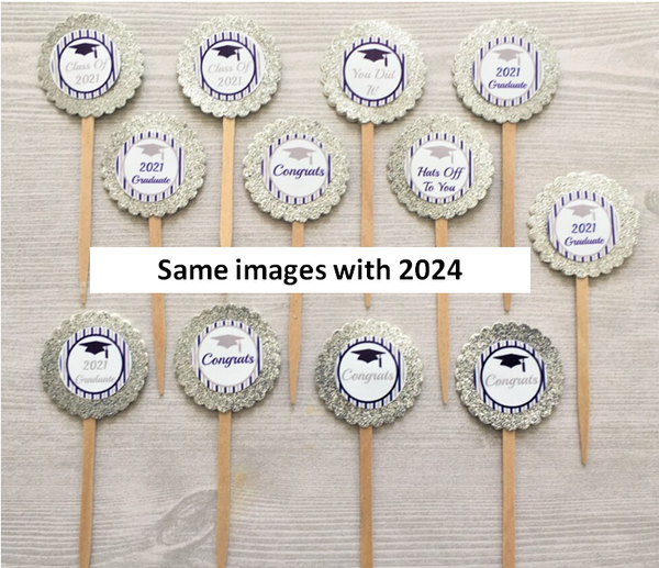 Class of 2024 Cupcake Toppers, Blue and Silver, Set of 12