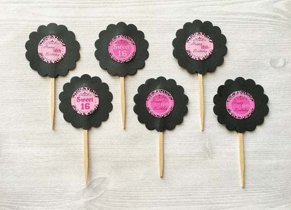 Cupcake Toppers,Sweet 16,Sweet 16 Birthday,16th Birthday,Set of 6,Birthday,Birthday Party Cupcake Toppers,Party Favor,Handmade,Double Sided