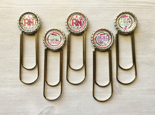 Planner Clip,Bookmark,Nurse,Registered Nurse,RN,4 inch,Jumbo Paper Clip,Page Marker,Bookmark Clip,Bottle Cap,Party Favor,Handmade,Set of 5