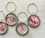 Wine Charms,Floral Themed,Drink Markers,Glass Markers,Wine Glass Charms,Bottle Cap Wine Charms,Gift,Party Favor,Floral,Handmade,Set of 6