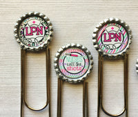 Planner Clip,Bookmark,Nurse,Licensed Practical Nurse,LPN,Jumbo Paper Clip,Page Marker,Bookmark Clip,Bottle Cap,Party Favor,Handmade,Set of 5