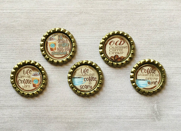 Magnets,Bottle Cap Magnets,Coffee,Coffee Quotes,Refrigerator Magnets,Fridge Magnet,Office Magnets,Gift,Party Favor,Handmade,Set of 5