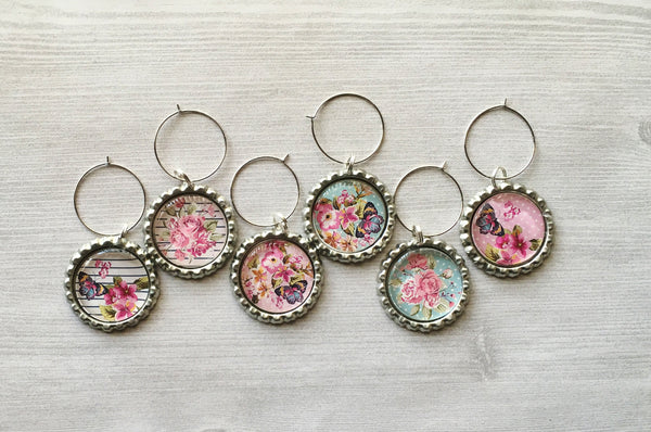 Wine Charms,Floral Themed,Drink Markers,Glass Markers,Wine Glass Charms,Bottle Cap Wine Charms,Gift,Party Favor,Floral,Handmade,Set of 6