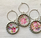 Wine Charms,Floral Themed,Drink Markers,Glass Markers,Wine Glass Charms,Bottle Cap Wine Charms,Gift,Party Favor,Floral,Handmade,Set of 6