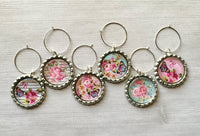 Wine Charms,Floral Themed,Drink Markers,Glass Markers,Wine Glass Charms,Bottle Cap Wine Charms,Gift,Party Favor,Floral,Handmade,Set of 6