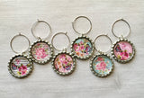 Wine Charms,Floral Themed,Drink Markers,Glass Markers,Wine Glass Charms,Bottle Cap Wine Charms,Gift,Party Favor,Floral,Handmade,Set of 6