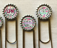 Planner Clip,Bookmark,Nurse,Licensed Practical Nurse,LPN,Jumbo Paper Clip,Page Marker,Bookmark Clip,Bottle Cap,Party Favor,Handmade,Set of 5