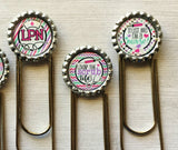 Planner Clip,Bookmark,Nurse,Licensed Practical Nurse,LPN,Jumbo Paper Clip,Page Marker,Bookmark Clip,Bottle Cap,Party Favor,Handmade,Set of 5