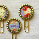 Planner Clip,Bookmark,Boho Floral,Clock,Life is Beautiful,Page Marker,Bookmark Clip,Gift,Party Cap,Clock,Handmade,Set of 3