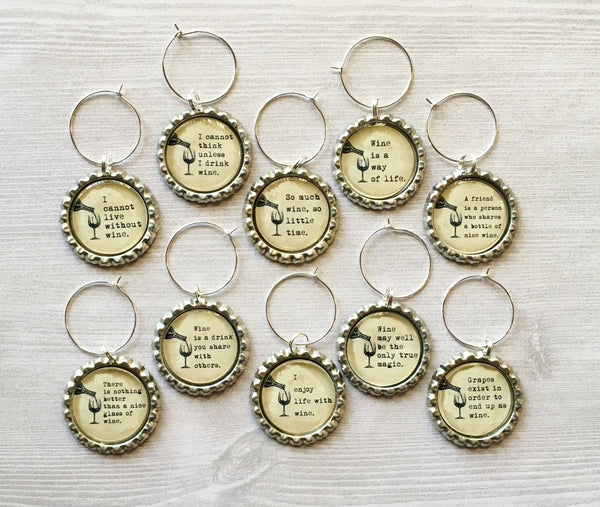 Wine Charms,Humorous,Quotes,Drink Markers,Glass Markers,Wine Glass Charms,Bottle Cap Wine Charm,Gift,Party Favor,Birthday,Handmade,Set of 10