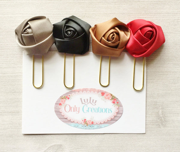 Planner Clip,Bookmark,Floral,Silk Rosette,Page Marker,Bookmark Clip,Organizer Clip,Gift,Party Favor,Handmade,Stationary Clip,Roses,Set of 4