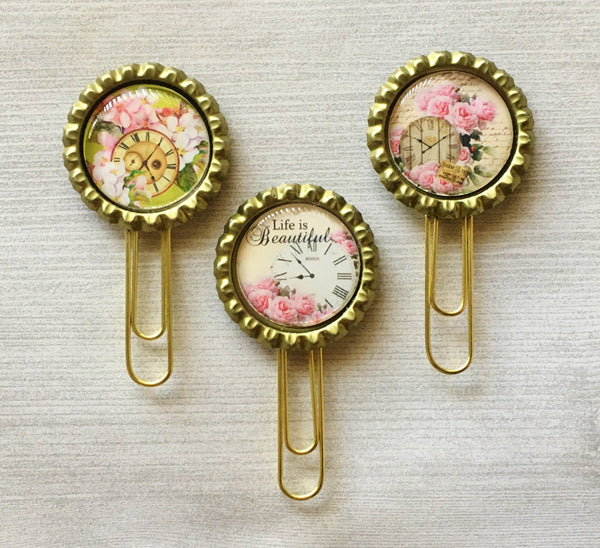 Planner Clip,Bookmark,Floral,Clock,Life is Beautiful,Page Marker,Bookmark Clip,Gift,Party Favor,Bottle Cap,Floral,Clock,Handmade,Set of 3