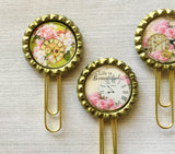 Planner Clip,Bookmark,Floral,Clock,Life is Beautiful,Page Marker,Bookmark Clip,Gift,Party Favor,Bottle Cap,Floral,Clock,Handmade,Set of 3