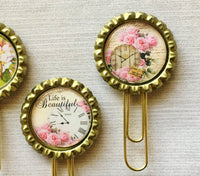 Planner Clip,Bookmark,Floral,Clock,Life is Beautiful,Page Marker,Bookmark Clip,Gift,Party Favor,Bottle Cap,Floral,Clock,Handmade,Set of 3