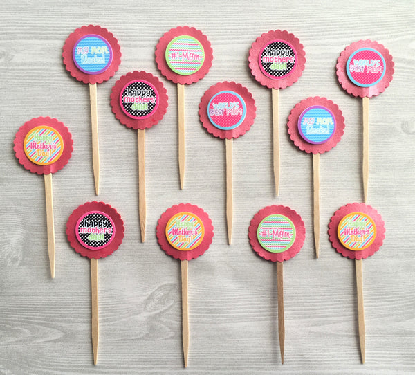Cupcake Toppers,Mothers Day,Set of 12,Best Mom,Mothers Day Party,Mothers Day Cupcake Toppers,Party Favor,Handmade,Gift,Double Sided