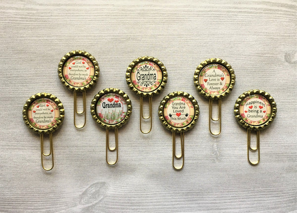 Planner Clip,Grandma,Grandma Planner Clips,Bookmark,Page Marker,Bookmark Clip,Gift,Party Favor,Bottle Cap,Floral,Mothers Day,Handmade