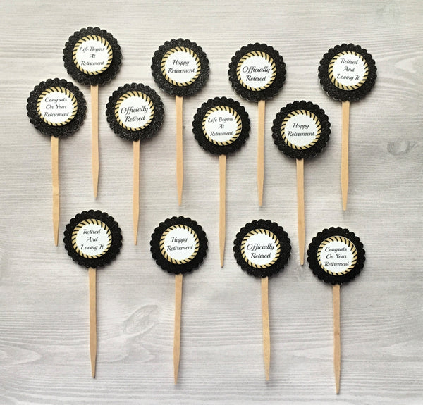 Cupcake Toppers,Retirement,Retirement Party,Set of 12,Retirement Party Cupcake Toppers,Happy Retirement,Party Favor,Handmade,Double Sided