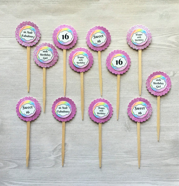 Cupcake Toppers,Sweet 16,Sweet 16 Birthday,16th Birthday,Set of 15,Birthday,Birthday Party Cupcake Toppers,Party Favor,Handmade,Double Sided