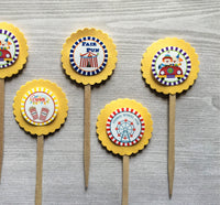 Cupcake Toppers,Circus,Circus Cupcake Toppers,Circus Birthday Decorations,Circus Baby Shower,Set of 6,Handmade,Double Sided