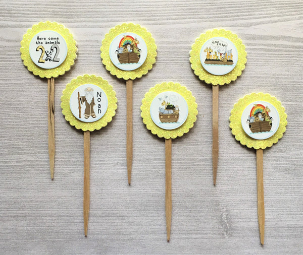 Noah Cupcake Toppers,Noah,Noah's Ark,Cupcake Toppers,Set of 6,Baby Shower,Birthday Party,Party Favor,Handmade,Gift,Double Sided