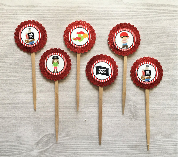 Pirate Cupcake Toppers,Pirate,Cupcake Toppers,Set of 6,Pirate Party,Birthday Party,Pirate Birthday,Party Favor,Handmade,Gift,Double Sided