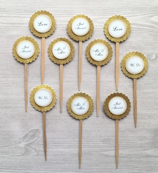 Wedding Cupcake Toppers,Wedding,Cupcake Toppers,Set of 10,Wedding Party,Wedding Day,Party Favor,Wedding Cupcakes,Handmade,Double Sided,Gift