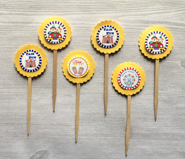 Cupcake Toppers,Circus,Circus Cupcake Toppers,Circus Birthday Decorations,Circus Baby Shower,Set of 6,Handmade,Double Sided