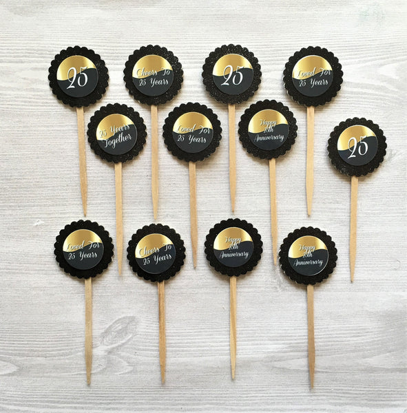 25th Anniversary Cupcake Toppers,25th Anniversary,Cupcake Toppers,Happy Anniversary,Set of 12,Anniversary Party,Party Favor,Double Sided