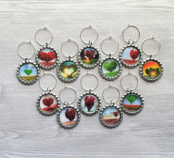 Wine Charms,Heart Trees,Wedding,Love,Drink Markers,Glass Markers,Wine Glass Charms,Bottle Cap Wine Charm,Gift,Party Favor,Handmade,Set of 12