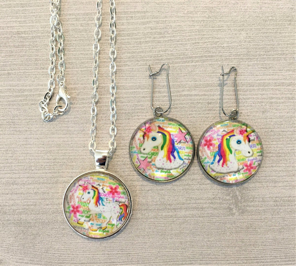 Unicorn Jewelry Set,Necklace and Earrings,Unicorn Necklace and Earrings,Silver Necklace,Earrings,Handmade,Gift,Pendant,18 Inch Necklace