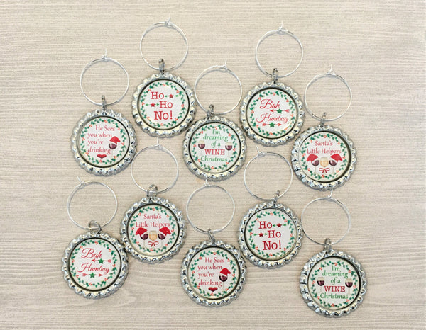 Wine Charms,Humorous,Christmas,Quotes,Drink Markers,Glass Markers,Wine Glass Charm,Bottle Cap Wine Charm,Gift,Party Favor,Handmade,Set of 10