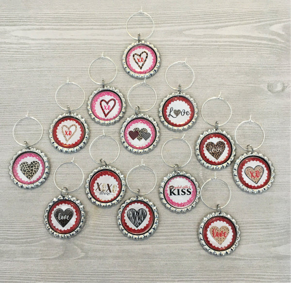 Heart Wine Charms,Valentines,Heart,Drink Markers,Glass Markers,Wine Glass Charms,Bottle Cap Wine Charms,Gift,Party Favor,Handmade,Set of 13
