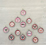 Heart Wine Charms,Valentines,Heart,Drink Markers,Glass Markers,Wine Glass Charms,Bottle Cap Wine Charms,Gift,Party Favor,Handmade,Set of 13