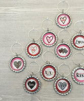 Heart Wine Charms,Valentines,Heart,Drink Markers,Glass Markers,Wine Glass Charms,Bottle Cap Wine Charms,Gift,Party Favor,Handmade,Set of 13