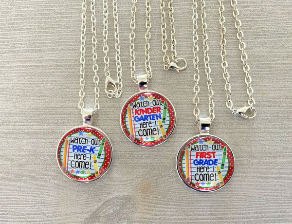 Back to School Necklace,First Day of School,Back to School,Necklace,Pre-K,Kindergarten,First Grade,Silver Necklace,Handmade,Gift,Pendant